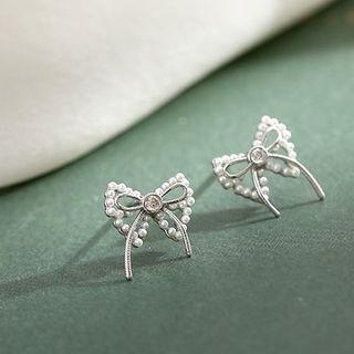 925 Sterling Silver Rhinestone Beaded Bow Stud Earrings Earring - One Size