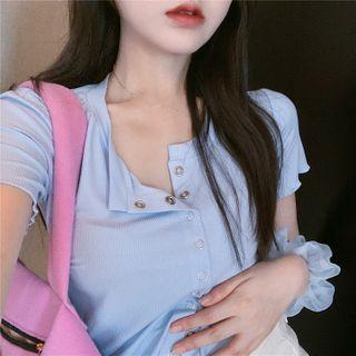 Buttoned Cropped Knit Top Blue - One Size