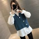 Puff-sleeve Plain Shirt / Button-up Sweater Vest / Set