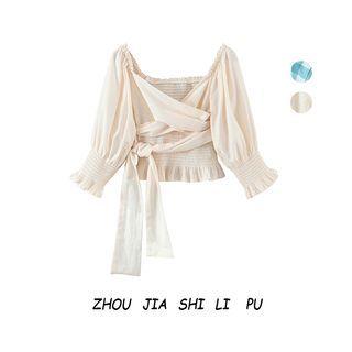 Elbow-sleeve Square-neck Ribbon Top