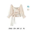 Elbow-sleeve Square-neck Ribbon Top