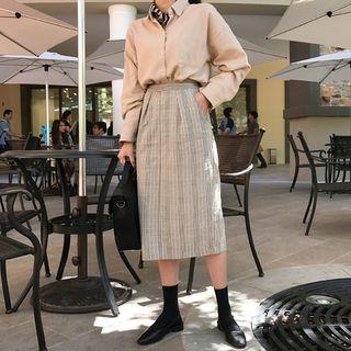 Band-waist Glen-plaid Long Skirt