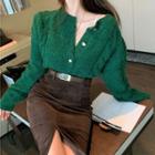 Long-sleeve Buttoned Knit Top / Midi Corduroy Skirt