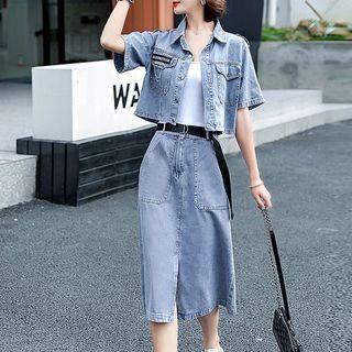 Set: Short-sleeve Denim Jacket + Skirt