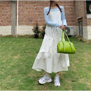 Long-sleeve Plain T-shirt / Plain Strappy Midi Dress