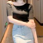 Set: Short-sleeve Knit Top + Denim Skirt