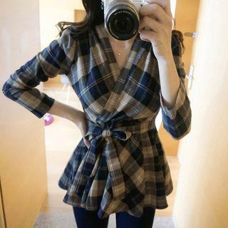 Surplice Wrap Plaid Tie-waist Top