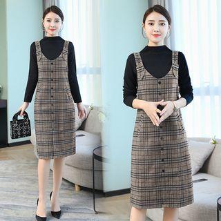 Set: Mock Neck Long-sleeve T-shirt + Plaid Midi Pinafore Dress