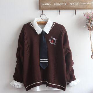 Cat Embroidered Sweater / Shirt / Set