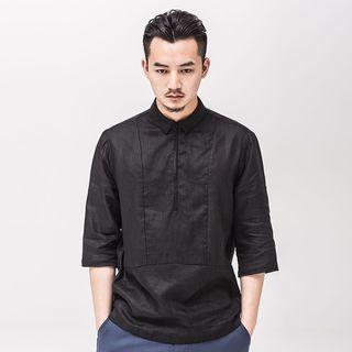 Zipper-front Collared Linen Top