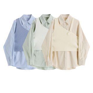 Asymmetric Knit Vest / Plain Long-sleeve Shirt