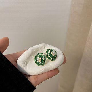 Flower Glaze Faux Pearl Earring 1 Pair - Green & White - One Size