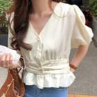 V-neck Puff-sleeve Blouse As Shown In Figure - One Size