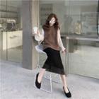 Long-sleeve Chiffon Top / Midi Fitted Knit Skirt / Vest