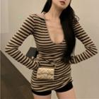Long-sleeve Collared Striped Top Stripe - Black & Gray - One Size