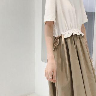 Short-sleeve Mock Two-piece A-line Midi Dress