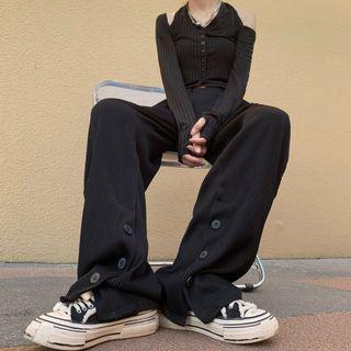 Button Hem Wide-leg Pants