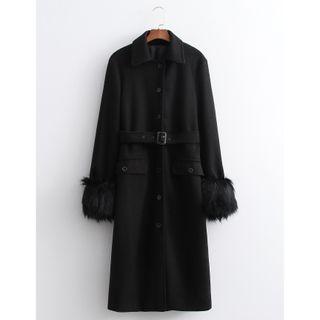 Fluffy Trim Buckled Button-up Long Coat