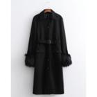 Fluffy Trim Buckled Button-up Long Coat