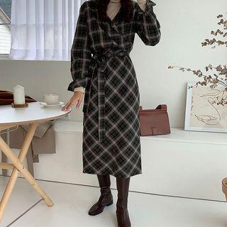 Plaid Long-sleeve Midi Sheath Dress As Shown In Figure - One Size