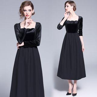 Long-sleeve Velvet Panel Midi A-line Dress