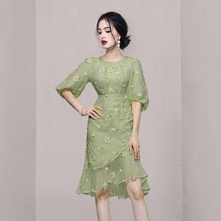 Puff-sleeve Floral Embroidered Ruffle Hem A-line Dress
