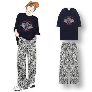 Elbow-sleeve Lettering Print T-shirt / Dotted Wide-leg Pants