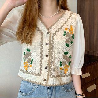 Elbow-sleeve Embroidered Knit Blouse