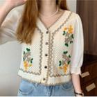 Elbow-sleeve Embroidered Knit Blouse