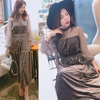 Puff Sleeve Mesh Panel Velvet Midi Dress