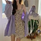 Spaghetti-strap Floral Mini A-line Dress / Cable Knit Cardigan