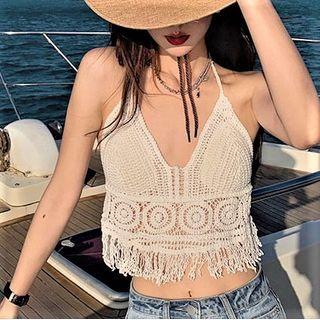 Fringe Cropped Camisole Top White - One Size