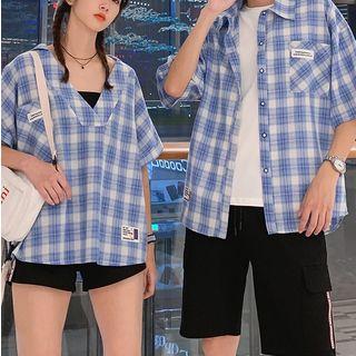 Short-sleeve V-neck Plaid Top / Hot Pants / Short-sleeve Plaid Shirt / Drawstring Shorts