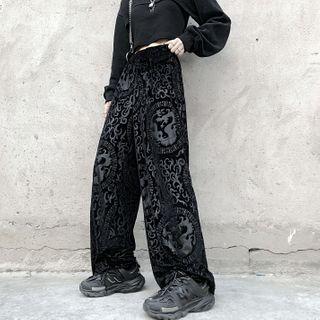 Printed Velvet Wide-leg Pants Black - One Size