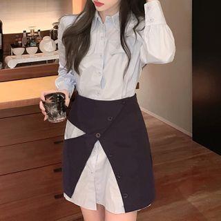 Set: Long-sleeve Mini A-line Shirtdress / Cutout Mini A-line Skirt