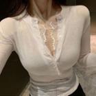 Long-sleeve Lace Trim Henley Top