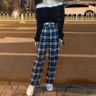 Off-shoulder Drawstring Blouse / Plaid Wide Leg Pants