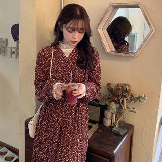 Long-sleeve Floral Midi A-line Dress / Long-sleeve Lace Top