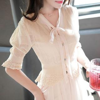 Puff-sleeve Open-knit Cardigan
