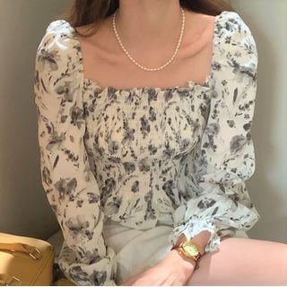 Geometric Print Smocked Blouse