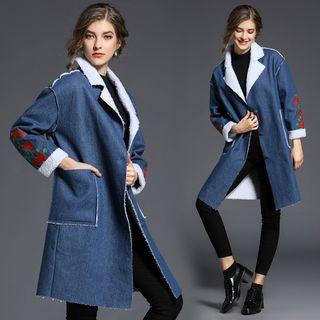 Fleece-lining Embroidery Denim Long Jacket