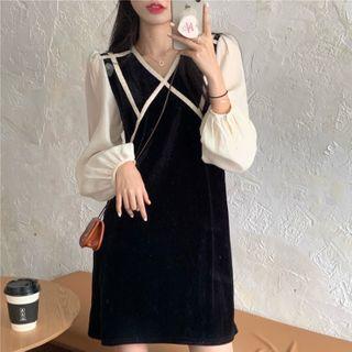 Puff-sleeve Velvet Shift Dress As Shown In Figure - One Size
