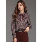 Tie-neck Frill-trim Patterned Blouse Dark Wine Red - One Size