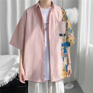 Short-sleeve Bear Print Panel Shirt