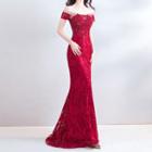 Embroidered Short-sleeve Trumpet Evening Gown