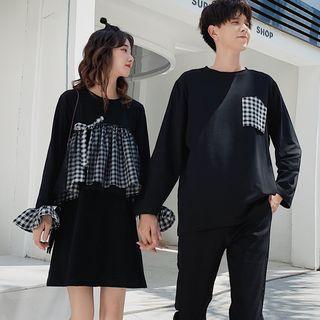 Long-sleeve Plaid-panel T-shirt / Mini Dress