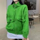Chunky Knit Stand Collar Knit Jacket Green - One Size