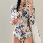 Floral Print Half-zip Long-sleeve Swimsuit