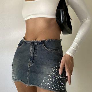 Rhinestone Denim Mini Skirt