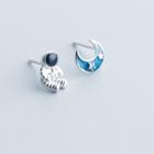 Astronaut & Moon Asymmetrical Sterling Silver Earring 1 Pair - Silver - One Size